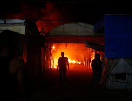 Fire erupts among tents of displaced civilians after Israeli attacks in courtyard of Al-Aqsa Martyrs Hospital in Deir al-Balah, October 14, 2024. (Photo: STR/APA Images)