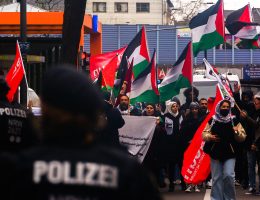 German police monitor a pro-Palestinian protest in Cologne, Germany on April 15, 2023, Cologne, Germany. (Photo: © Ying Tang/NurPhoto via ZUMA Press APA Images)