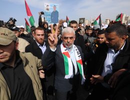 Hamas chief Yahya Sinwar attends a rally marking the 46th anniversary of Land Day in Gaza City, March 30, 2022. (Photo: Ashraf Amra/APA Images)