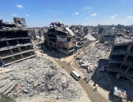 People make their way amid the rubble of buildings destroyed during Israeli bombardment of the the Jabalia refugee on August 31, 2024. (Photo: Hadi Daoud / APA Images)