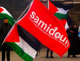 Dozens of protesters from the Samidoun organization gathering in front of the Muelheim train station in Cologne, Germany, on April 15, 2023, to commemorate Palestinian Prisoners' Day. (Photo: © Ying Tang/NurPhoto via ZUMA Press/APAimages)