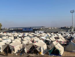 Displaced Palestinians from northern Gaza set up tents at Yarmouk Stadium in Gaza City, November 5, 2024. (Photo: Hadi Daoud /APA Images)