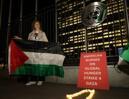Activists launch a hunger strike in solidarity with a Jordanian hunger strike against the genocide, ethnic cleansing, and forced displacement in Gaza, outside the United Nations in New York City on Novmeber 8, 2024. (Photo: Jonathan Bloom)
