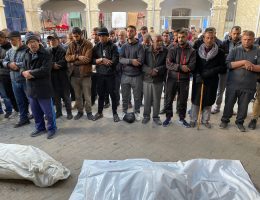 Palestinian bodies lay outside the Arab Baptist Hospital after an Israeli airstrike on the Al-Hurriya School in the Al-Zaytoon neighborhood of Gaza City on November 26, 2024. (Photo: Hadi Daoud/APA Images)
