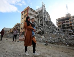 Palestinians inspect the damage in the Nuseirat refugee camp in the central Gaza Strip after Israeli shelling of the camp stopped on November 29, 2024. (Photo: Omar Ashtawy/APA Images)