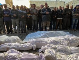 Relatives of the Palestinians killed in Israeli attacks perform funeral prayer after their beloved ones are brought to the al-Ahli Baptist Hospital in Gaza City, on December 17, 2024. (Photo: Hadi Daoud/APA Images)