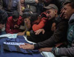 Relatives of 5 photojournalists Ayman al-Jedy and journalists Faisal Abu Al Qumsan, Ibrahim Sheikh Ali, Mohammad Al-Lada and Fadi Hassouna, who lost their lives after Israeli forces hit the live broadcasting vehicle belonging to Al-Quds al-Youm television (alqudstoday-tv) at the Nuseirat Refugee Camp, mourn as they hold funeral ceremony for them at Al Aqsa Hospital in Dair El-Balah, Gaza strip, on December 26, 2024. Photo by Omar Ashtawy apaimages