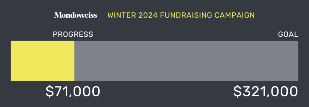 Bar graph showing that Mondoweiss has raised $71,000 of its $321,000 fundraising goal for its End-of-Year 2024 campaign.