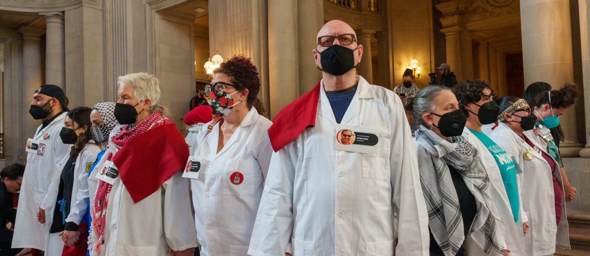 Healthcare workers hold a vigil at San Franciso City Hall to honor healthcare workers who have been killed in Gaza. (Photo: John Avalos)