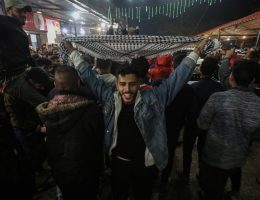 Palestinians react to news of a ceasefire agreement with Israel, in Deir al Balah, central Gaza Strip, 15 January 2025. According to US and Hamas officials, Israel and Hamas agreed on a hostage deal and ceasefire, to be implemented in the coming days. (Photo by Omar Ashtawy apaimages)