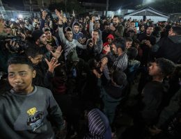 Palestinians react to news of a ceasefire agreement with Israel, in Deir al Balah, central Gaza Strip, 15 January 2025. According to US and Hamas officials, Israel and Hamas agreed on a hostage deal and ceasefire, to be implemented in the coming days. Photo by Omar Ashtawy apaimages