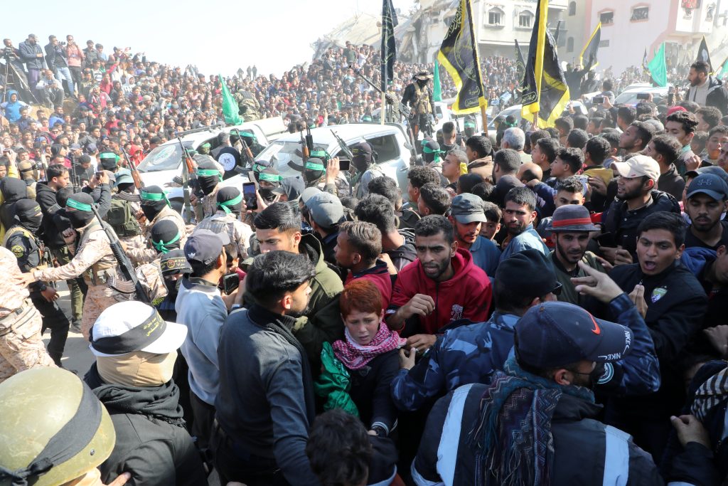 Military parade and release ceremony of Israeli captive Arbel Yehoud as part of a captives exchange deal with Israel, Khan Younis, January 30, 2025. (Photo: Naaman Omar/APA Images)