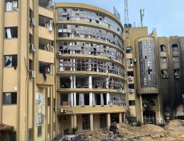 The destroyed facade of Al-Azhar University. (Photo: Ahmad Atallah Jaber/ IG: )