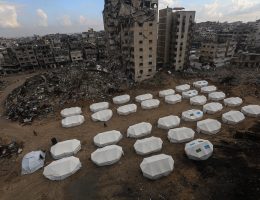Tents sheltering displaced Palestinians have been erected in the shadow of destroyed schools and buildings in the north of Gaza Citym on February 11, 2025 amid the current ceasefire deal between Israel and Hamas. (Photo: Omar Ashtawy/APA Images)