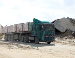 Trucks carrying limited amounts of humanitarian aid and fuel continue to enter Gaza through the Kerem Abu Salim border crossing in Rafah, February 13, 2025. (Photo: Ali Hamad/APA Images)