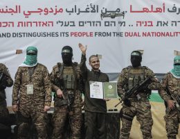 Handover ceremony of three Israeli captives, Omer Shem-Tov, Ilya Cohen, and Omer Winkert, to the International Committee of the Red Cross, February 22, 2025. (Photo: Omar Ashtawy/APA Images)