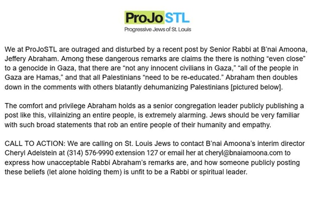 A call to action around Rabbi Jeffery Abraham's statements issued by the organization Progressive Jews of St. Louis