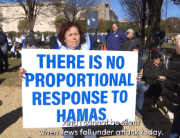 Poster at a November 14, 2023 rally for Israel in Washington, D.C., from a video report on the march by the Jewish Federations of North America. The poster shows widespread genocidal attitudes in the American Jewish community. (Photo: Screenshot/Jewish Federations of North America)