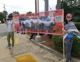 The author, right, at a protest outside a National Guard base in 2024.
