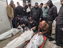 Family of three brothers killed by Israeli fire in al-Bureij refugee camp mourn at al-Aqsa Martyrs hospital in Deir al-Balah, March 11, 2025. (Photo: STR/APA Images)