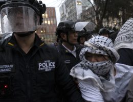 NYPD confront protesters outside Barnard College's Milstein Center, on March 5, 2025. (Photo: Tamara Turki)