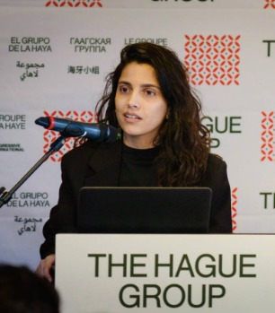 Progressive International General Coordinator Varsha Gandikota-Nellutla at the announcement of the Hague Group on January 31, 2025. (Photo: Progressive International)