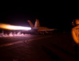 An F-18 takes off from the USS Dwight D. Eisenhower to strike Houthi targets in Yemen, Feb. 3, 2024. (Photo: U.S. Central Command)