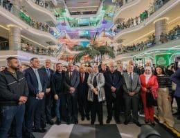 A promotional photo widely circulated on social media of the grand opening of Icon Mall. Pictured is the Governor of Ramallah, Laila Ghannam (center), April 2025. (Photo retrieved via Social Media)