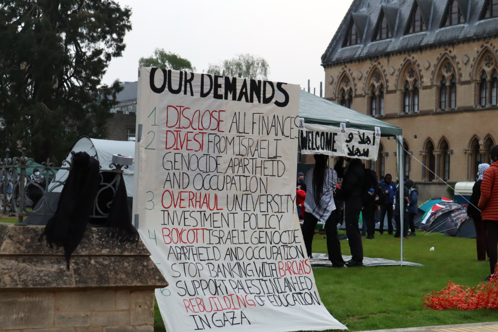 The students' demands from the University of Oxford Gaza Solidarity Encampment. (Photo: OA4P)