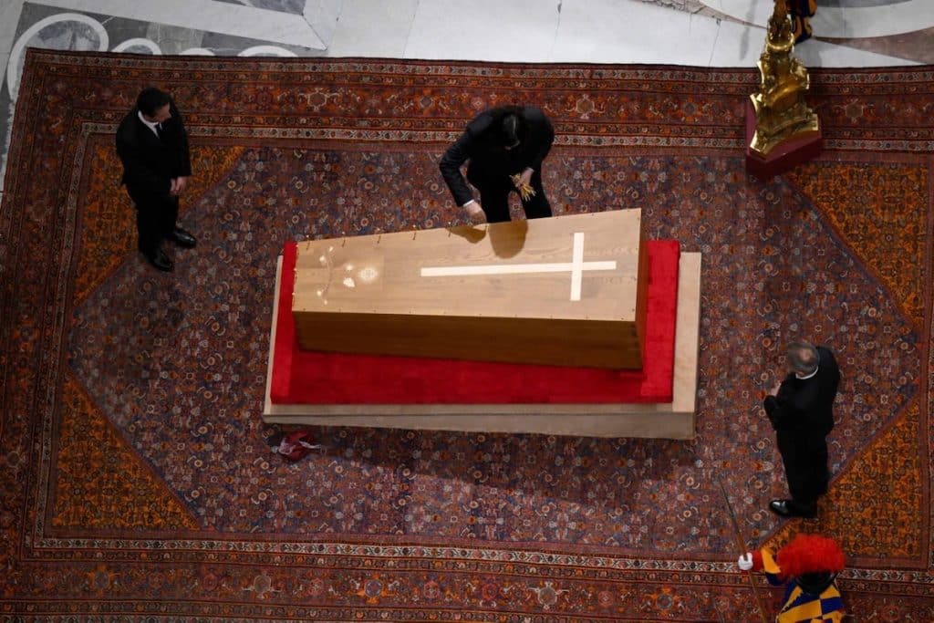 Pope Francis’ coffin is closed and sealed in St. Peter’s Basilica in a private ceremony on Friday evening, April 25, 2025, after more than 250,000 people paid their final respects to the late pope over three days of public visitation. | Credit: Vatican Media