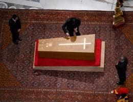 Pope Francis’ coffin is closed and sealed in St. Peter’s Basilica in a private ceremony on Friday evening, April 25, 2025, after more than 250,000 people paid their final respects to the late pope over three days of public visitation. | Credit: Vatican Media