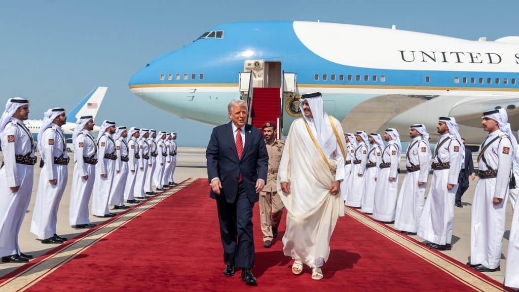 Emir of Qatar, Tamim bin Hamad Al Thani, welcomes US President, Donald Trump, at Hamad International Airport in Doha, Qatar, on May 14, 2025. (Photo by Emiri Diwan Office via APA Images)
