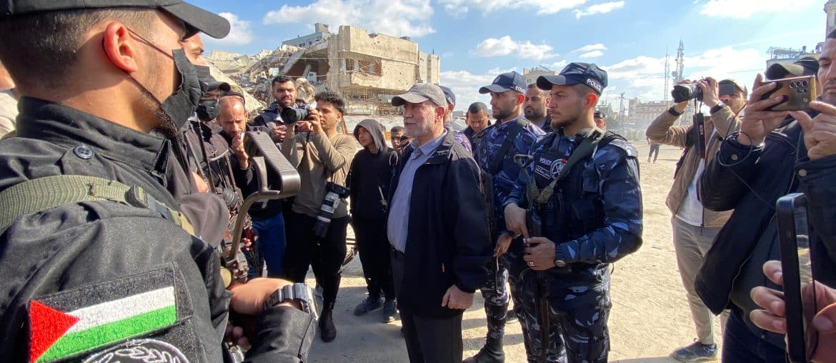 Bahjat Abu Sultan, head of Gaza's Security Service, flanked by police officers on a field visit in Gaza City during the ceasefire between Israel and Hamas, January 20, 2025. Abu Sultan was assassinated alongside several Gaza government leaders on March 18. (Photo: Hadi Daoud/APA Images)