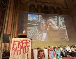 Dr. Noor Abdulla accepting a diploma on Mahmoud Khalil's behalf at an alternative graduation celemony for Palestine activists at Columbia University dubbed "the People's Graduation," at the Church of St. Paul and St. Andrew in New York City on May 18, 2025. (Photo: Nancy Kricorian)