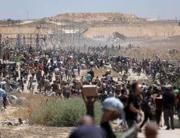Gaza Humanitarian Foundation-run aid distribution point in al-Bureij, central Gaza, May 29, 2025. (Photo: Moiz Salhi/APA Images)