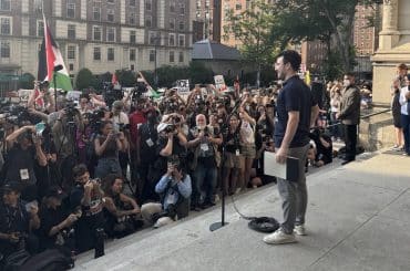 Mahmoud Khalil addresses a large crowd of supporters in New York City on June 22, 2025. (Photo: x.com/PeoplesForumNYC)