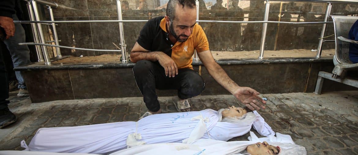 Relatives of the Palestinian Abu Amsha family mourn as the bodies are brought to Al-Shifa hospital for funeral ceremony following an Israeli attack on displaced tents in Gaza City on June 28, 2025. At least 10 Palestinians were killed and others injured when an Israeli airstrike targeted the tents of displaced families. (Photo: Omar Ashtawy/APA Images)