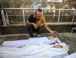 Relatives of the Palestinian Abu Amsha family mourn as the bodies are brought to Al-Shifa hospital for funeral ceremony following an Israeli attack on displaced tents in Gaza City on June 28, 2025. At least 10 Palestinians were killed and others injured when an Israeli airstrike targeted the tents of displaced families. (Photo: Omar Ashtawy/APA Images)