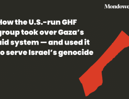 This image shows the silhouette of the Gaza Strip in deep red against a dark gray background. The text on it reads, "How the U.S.-run GHF group took over Gaza's aid system - and used it to serve Israel's genocide."