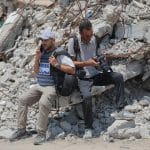 Palestinian journalists continue their hunger strike in solidarity with displaced civilians suffering amid famine, July 27, 2025. (Photo: Ahmed Ibrahim/APA Images)