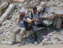 Palestinian journalists continue their hunger strike in solidarity with displaced civilians suffering amid famine, July 27, 2025. (Photo: Ahmed Ibrahim/APA Images)