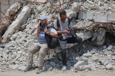 Palestinian journalists continue their hunger strike in solidarity with displaced civilians suffering amid famine, July 27, 2025. (Photo: Ahmed Ibrahim/APA Images)