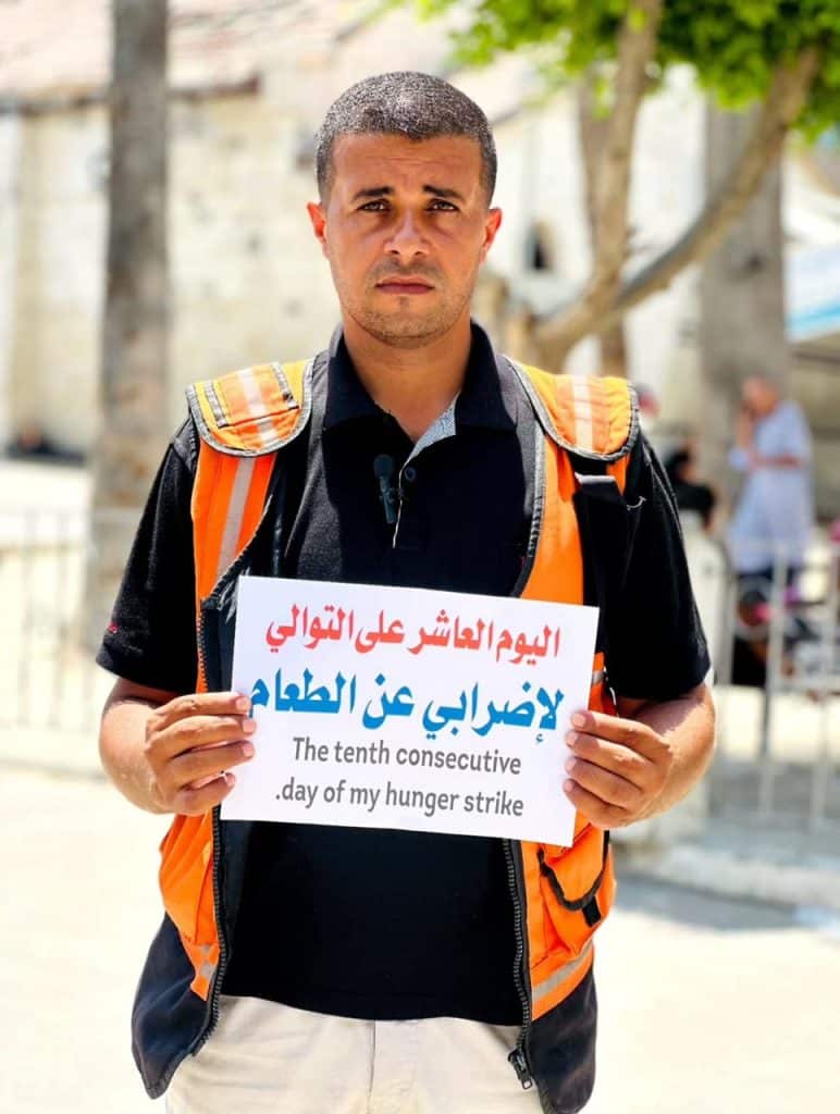 Mahmoud Basal, spokesperson for the Gaza Civil Defense, on his tenth consecutive day of hunger strike to bring attention to the famine. (Photo: Social Media)