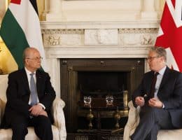 British Prime Minister Keir Starmer meets with Palestinian Authority Prime Minister Mohammad Mustafa, for a bilateral meeting in 10 Downing Street, London, April 28, 2025. (Photo: Simon Dawson/Flickr/No 10 Downing Street)