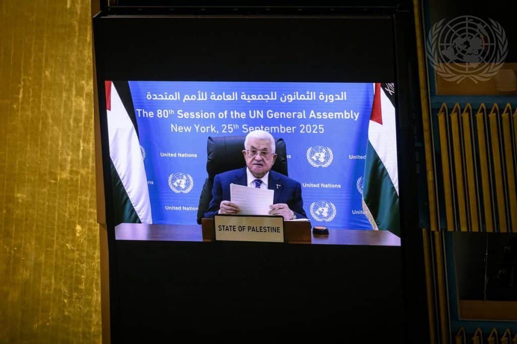Palestinian President Mahmoud Abbas addressing the the UN General Assembly via video after the U.S. denied him a visa to attend in New York City, on September 26, 2025. (Photo: © UN Photo/Loey Felipe)