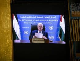Palestinian President Mahmoud Abbas addressing the the UN General Assembly via video after the U.S. denied him a visa to attend in New York City, on September 26, 2025. (Photo: © UN Photo/Loey Felipe)