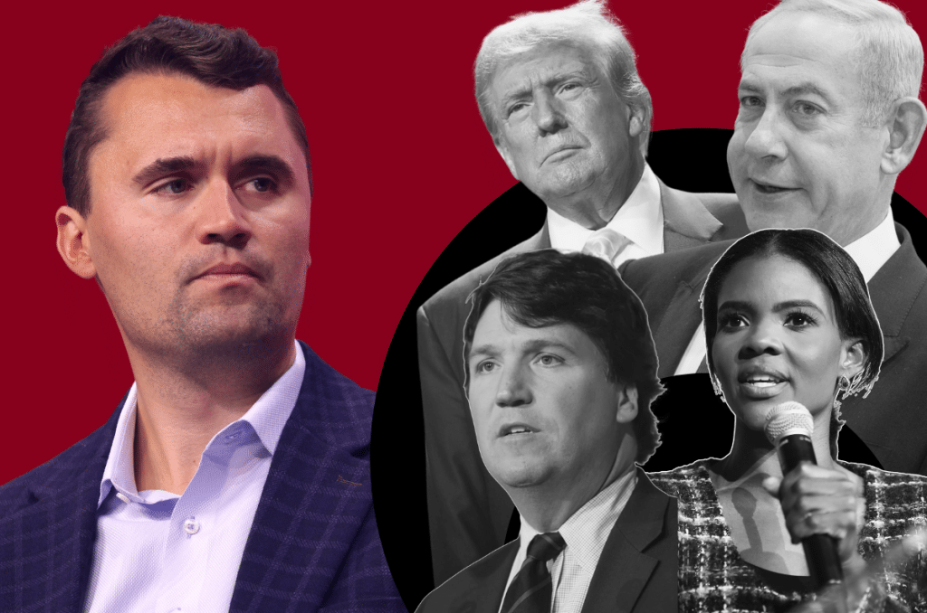An illustration showing Charlie Kirk, Donald Trump, Benjamin Netanyahu, Tucker Carlson, and Candace Owens.