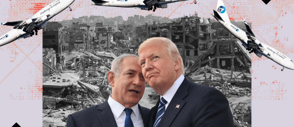 A collage image showing three Challenge Airlines planes against a backdrop of devastation in Gaza. Benjamin Netanyahu speaks to Donald Trump in a superimposed image. (Illustration: Mondoweiss)