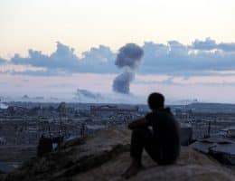 Smoke rises over Gaza City following a series of Israeli airstrikes, as seen from displacement camps in central Gaza, Nuseirat refugee camp, October 7, 2025. (Photo: Omar Ashtawy/APA Images)