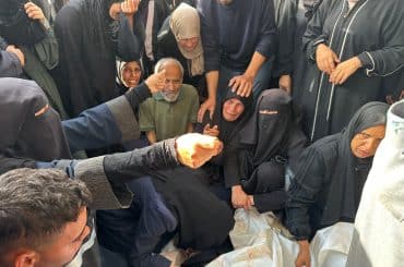 People attend a funeral held at Nasser Hospital for Palestinians who were killed in the Israeli attack on Khan Younis in violation of the ceasefire with Hamas, October 29, 2025. (Photo: Tamer Ibrahim/APA Images)
